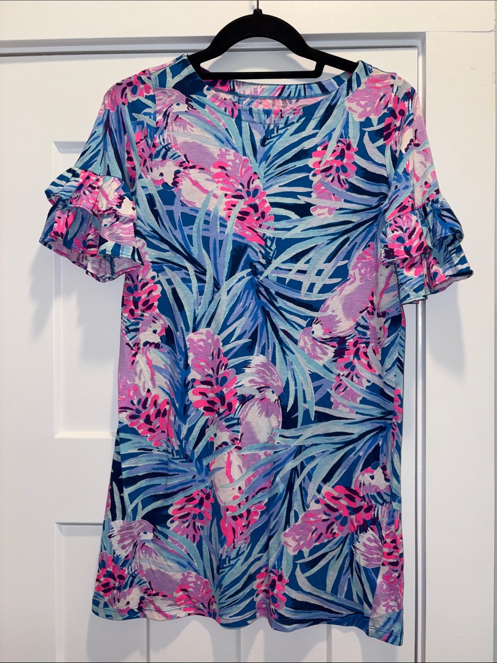 Lilly Pulitzer Pink & Blue Tropical Ruffle Sleeve Knit Dress